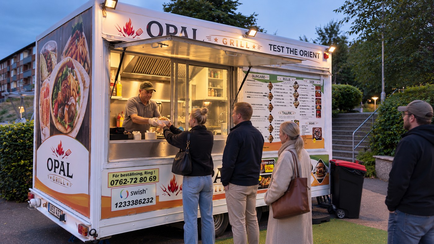 Opal Grill food truck kvällstid och servering